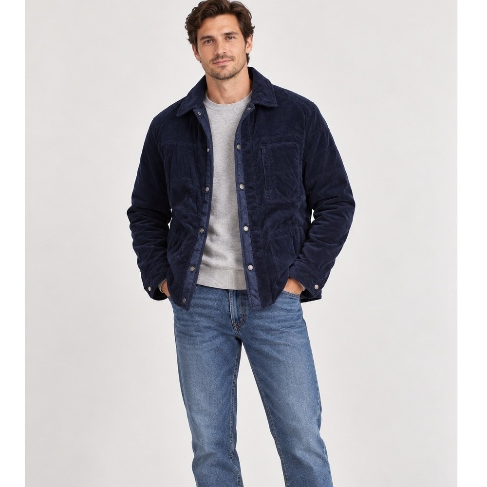 Elie Tahari Reversible Field Jacket Mens Medium Navy Blue Corduroy Quilted